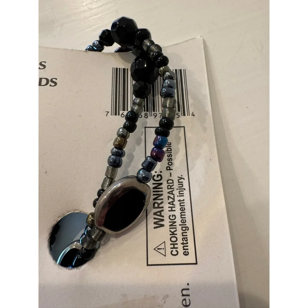 i.D. Beads Scholastic Black Silver Iridescent Beaded Lanyard ID Badge Holder